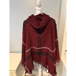 Indigo Soul Women Burgundy Plaid Cowl Neck Fringe Poncho One Size